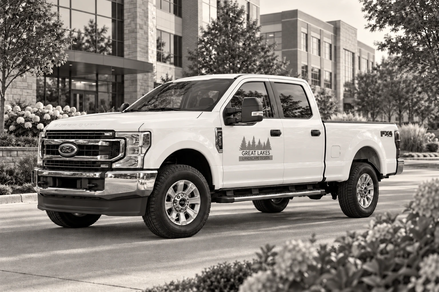 Warm black-and-white illustration of a white Ford F-250 with Great Lakes Landscape Design branding outside a landscaped office campus